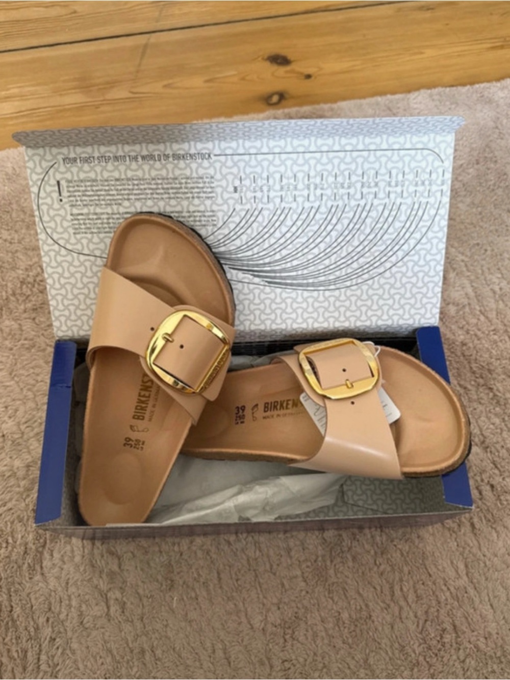 Birkenstock Single Strap Slide Sandals in Nude with Gold Buckles